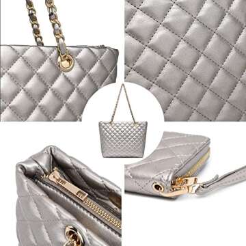 XB Quilted Tote Bag, Leather Tote Shoulder Bag for Women Platinum Handbags and Wrist Strap Long Purse 2pcs Set
