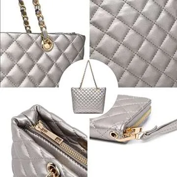 XB Quilted Tote Bag, Leather Tote Shoulder Bag for Women Platinum Handbags and Wrist Strap Long Purse 2pcs Set