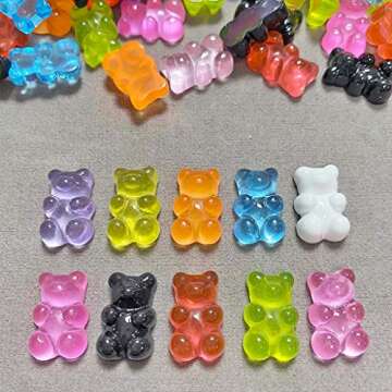 Juland 100 Pieces 10 Colors Resin Candy Gummy Bear Flatbacks Cabochons Deco Bears Colorful Charms Beads for DIY Necklace Pendants Keychain Brooch Earring Mobile Phone Case Accessories