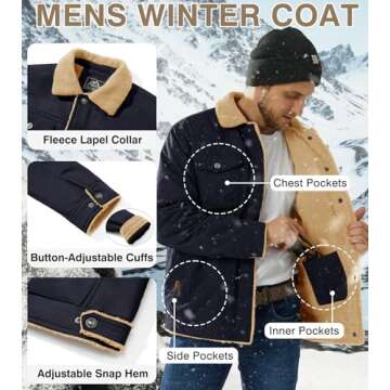 EKLENTSON Mens Jacket Winter Warm Jacket Men Outwear Jacket Windproof Jacket Hiking Jacket Mens Sherpa Lined Jacket, Navy, Medium