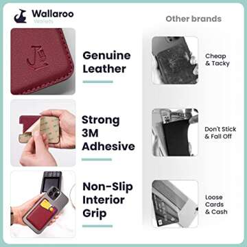 Premium Leather Phone Card Holder - Stick On Wallet for iPhone and Android Smartphones - Minimalist Style with Non-Slip Lining Secures Up to 3 Cards Kangaroo