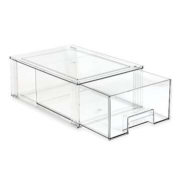 Isaac Jacobs Large Stackable Organizer Drawer (13.5” x 9.9” x 5.4”), Clear Plastic Storage Box...