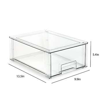 Isaac Jacobs Large Stackable Organizer Drawer (13.5” x 9.9” x 5.4”), Clear Plastic Storage Box, Pull-Out Bin, Home, Office, Closet & Shoe Organization, BPA-Free, Food/Fridge/Freezer Safe (Large)