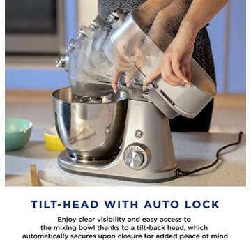 GE Tilt-Head Electric Stand Mixer | 7-Speed, 350-Watt Motor | Includes 5.3-Quart Bowl, Flat Beater, Dough Hook, Wire Whisk & Pouring Shield | Countertop Kitchen Essentials | Granite Gray