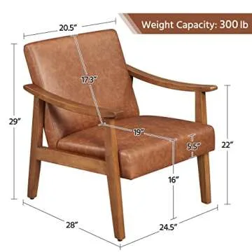 Yaheetech PU Leather Accent Chair, Mid-Century Modern Armchair with Solid Wood Legs, Reading Leisure Chair with High Back for Living Room Bedroom Waiting Room, Light Brown