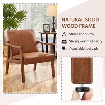 Yaheetech PU Leather Accent Chair, Mid-Century Modern Armchair with Solid Wood Legs, Reading Leisure Chair with High Back for Living Room Bedroom Waiting Room, Light Brown