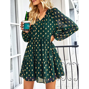 KIRUNDO Women's Polka Dot Babydoll Dress Dark Green