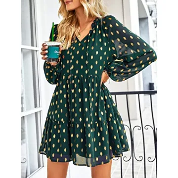 KIRUNDO Women's Polka Dot Babydoll Dress Dark Green