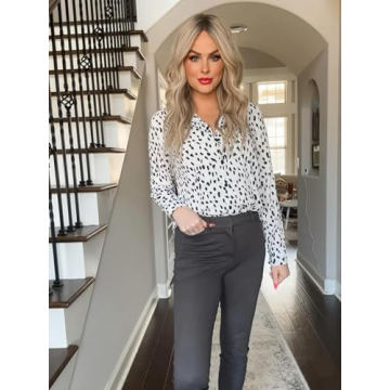 ECOWISH Womens V Neck Leopard Casual Print Tunic Long Sleeve Button Down Shirt Tops 235White S…