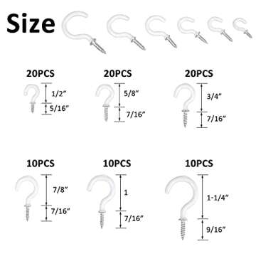 Romeda 90 Pcs White Ceiling Hooks kit, 6 Sizes Vinyl Coated Screw-in Plant, Kitchen, Cup, Ceiling Ho...
