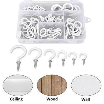 Romeda 90 Pcs White Ceiling Hooks kit, 6 Sizes Vinyl Coated Screw-in Plant, Kitchen, Cup, Ceiling Hooks for Hanging (1/2in, 5/8in,3/4in,7/8in,1'',1-1/4in)