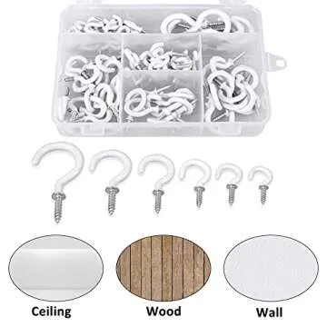 Romeda 90 Pcs White Ceiling Hooks kit, 6 Sizes Vinyl Coated Screw-in Plant, Kitchen, Cup, Ceiling Hooks for Hanging (1/2in, 5/8in,3/4in,7/8in,1'',1-1/4in)