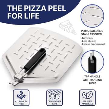 KitchenStar Perforated Pizza Peel 13 inch, Folding Handle - Stainless Steel Spatula Paddle for Effortless Pizza Transfer & Easy Storrage - Dishwasher Safe Pizza Oven Accessories