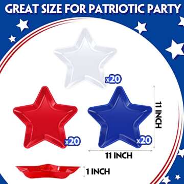 60 Pcs Patriotic Star Shaped Plates 4th of July Dessert Plate Red White Blue Reusable Plastic Snack Tray Platter for Cookies Chips Independence Day Memorial Day Veterans Day Party Supplies, 11 Inch