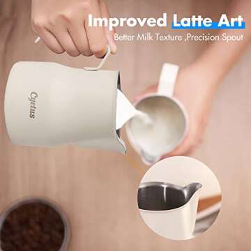 CYETUS Espresso Steaming Pitchers 11.8oz/350ml, Latte Art Pitcher Dripless Spout, Milk Frothing Jug Cup Stainless Steel For Barista, Coffee Machine Bar Supplies, Matte White