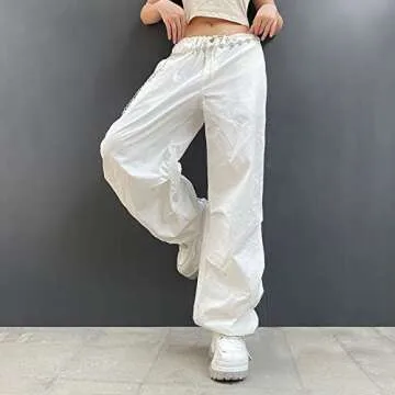 Women's Low Waist Cargo Pants Casual Solid Color Harajuku Vintage Y2K Low Rise Baggy Jogger Relaxed Cinch Pants(B-White,Large)