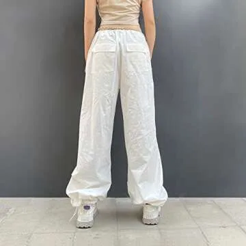 Women's Low Waist Cargo Pants Casual Solid Color Harajuku Vintage Y2K Low Rise Baggy Jogger Relaxed Cinch Pants(B-White,Large)
