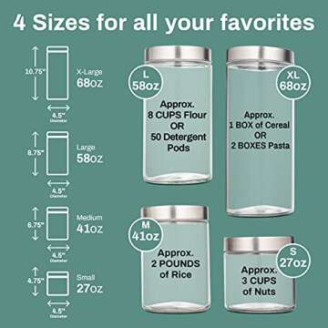 Home Intuition Glass Canister Set with Stainless Steel Lid 4-Piece Set, Kitchen Storage Glass Jars For Candies, Cereal, Nuts & More, Airtight Containers For Countertop & Pantry Organization (Round)
