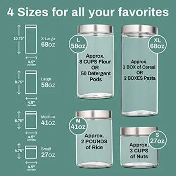 Home Intuition Glass Canister Set with Stainless Steel Lid 4-Piece Set, Kitchen Storage Glass Jars For Candies, Cereal, Nuts & More, Airtight Containers For Countertop & Pantry Organization (Round)