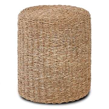 Mxfurhawa Round Ottoman, Natural Hand Braided Pouffe, Footstool with Solid Wood Frame, Rustic Accent Sitting, Farmhouse Pouf, Boho Decor or Small Table for Living Room (100% Sea-Weed)