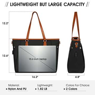 Laptop Bag for Women 15.6 Inch USB Teacher Bag Work Tote Bag Large Work Bags Waterproof Nylon Computer Tote Bag Lightweight Office Briefcase Shoulder Handbag Purse Black