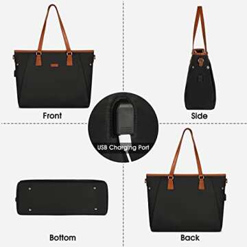 Laptop Bag for Women 15.6 Inch USB Teacher Bag Work Tote Bag Large Work Bags Waterproof Nylon Computer Tote Bag Lightweight Office Briefcase Shoulder Handbag Purse Black