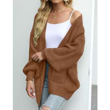 MEROKEETY Women's Fall Open Front Long Lantern Sleeve Cardigan Oversized Chunky Outwear with Pocket Brown