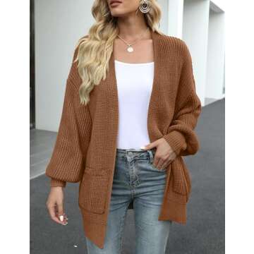MEROKEETY Women's Fall Open Front Long Lantern Sleeve Cardigan Oversized Chunky Outwear with Pocket Brown