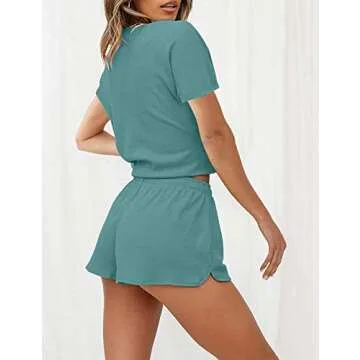 MEROKEETY Short Sleeve Waffle Pajama Set - Cozy Comfort