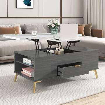 Merax Coffee Table for Living Room Lift Top with Drawers Storage Shelf Desktop Modern Accent Furniture Space Saving Bedroom（47.2 Inch）, Gray/Marbling White
