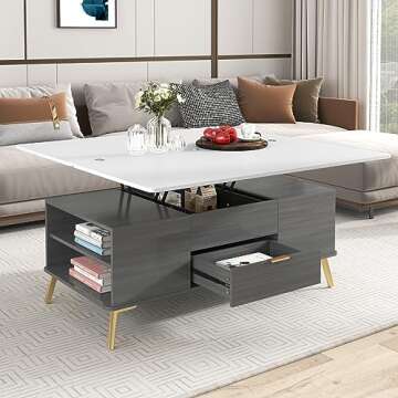 Merax Coffee Table for Living Room Lift Top with Drawers Storage Shelf Desktop Modern Accent Furniture Space Saving Bedroom（47.2 Inch）, Gray/Marbling White