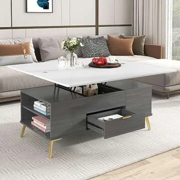 Merax Coffee Table for Living Room Lift Top with Drawers Storage Shelf Desktop Modern Accent Furniture Space Saving Bedroom（47.2 Inch）, Gray/Marbling White