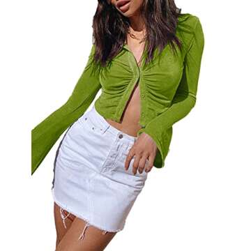 LYANER Women's Collar Button Down Ruched Long Sleeve Fitted Crop Tee Shirt Top Sage Green X-Small