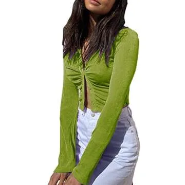 LYANER Women's Collar Button Down Ruched Long Sleeve Fitted Crop Tee Shirt Top Sage Green X-Small
