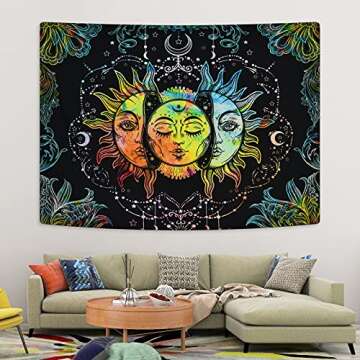 Uspring Sun and Moon Tapestry Burning Sun Tapestry Black Colorful Wall Tapestries Moon and Stars Tap...