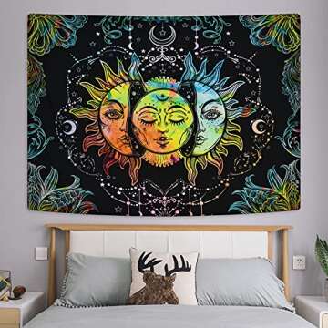 Uspring Sun and Moon Tapestry Burning Sun Tapestry Black Colorful Wall Tapestries Moon and Stars Tapestry Psychedelic Mandala Tapestry Wall Hanging for Room (51.2 × 59.1 inches)