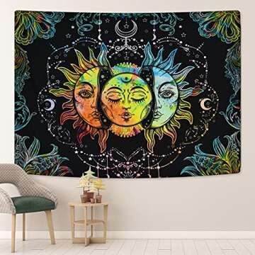 Uspring Sun and Moon Tapestry Burning Sun Tapestry Black Colorful Wall Tapestries Moon and Stars Tapestry Psychedelic Mandala Tapestry Wall Hanging for Room (51.2 × 59.1 inches)