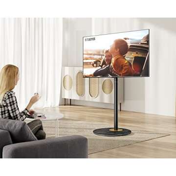 FITUEYES Design Corner TV Stand for 37"-65", Mid Century Modern Black TV Stand with Marble Textured Glass Base & Concealed Storage, Metal TV Stand Decor for Living Room, TV Floor Stand Master Series