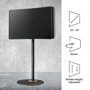 FITUEYES Design Corner TV Stand for 37"-65", Mid Century Modern Black TV Stand with Marble Textured Glass Base & Concealed Storage, Metal TV Stand Decor for Living Room, TV Floor Stand Master Series