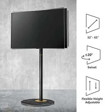 FITUEYES Design Corner TV Stand for 37"-65", Mid Century Modern Black TV Stand with Marble Textured Glass Base & Concealed Storage, Metal TV Stand Decor for Living Room, TV Floor Stand Master Series