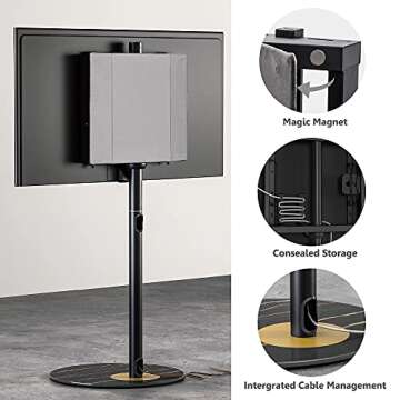 FITUEYES Design Corner TV Stand for 37"-65", Mid Century Modern Black TV Stand with Marble Textured Glass Base & Concealed Storage, Metal TV Stand Decor for Living Room, TV Floor Stand Master Series