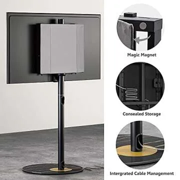 FITUEYES Design Corner TV Stand for 37"-65", Mid Century Modern Black TV Stand with Marble Textured Glass Base & Concealed Storage, Metal TV Stand Decor for Living Room, TV Floor Stand Master Series