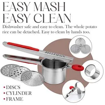 Bellemain 15 oz Large Potato Ricer | Heavy-Duty Stainless Steel Potato Ricer & Masher | Perfect for Mashed Potatoes | Ricer Kitchen Tool with 3 Interchangeable Discs