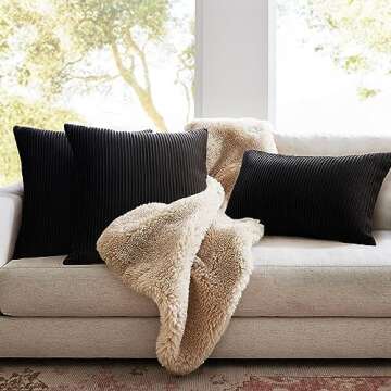 YCOLL Black Pillow Covers 22x22 Set of 2 Velvet Striped Pattern - Soft Throw Pillows for Home Decor, Luxury Decorative Pillow Covers for Couch, Bed,Living Room