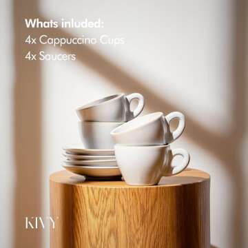 KIVY Cappuccino cups set of 4 [6oz] - Thick-walled stoneware cappuccino cup set for latte art - Cappuccino coffee cups - Tazas de cafe - Latte cups - Ceramic latte art cup and saucer set of 4 - Grey