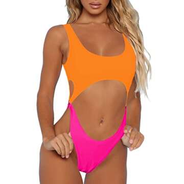 Sovoyontee Women's Sexy One Piece Swimsuits Cheeky Thong Bikini Bathing Suit Cut Out Monokini Orange & Pink M