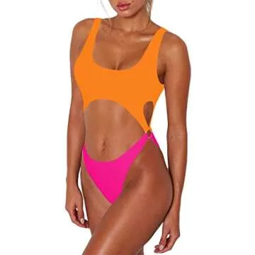 Sovoyontee Women's Sexy One Piece Swimsuits Cheeky Thong Bikini Bathing Suit Cut Out Monokini Orange & Pink M