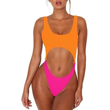 Sovoyontee Women's Sexy One Piece Swimsuits Cheeky Thong Bikini Bathing Suit Cut Out Monokini Orange & Pink M