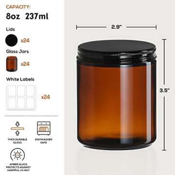 24 Pack Leakproof Amber Glass Jars with Black Lids - Perfect for Food, Crafts, and Storage