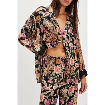 SOOKABEILA Womens Y2k Silk Pajama Sets Floral Print Long Sleeve Button Down Shirts Wide Leg Pants 2 ...